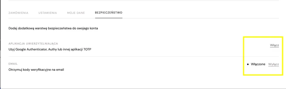Reiter „Sicherheit” im Konto: 2FA-Optionen – TOTP-App (deaktiviert) und E-Mail-Verifizierung (aktiviert).
